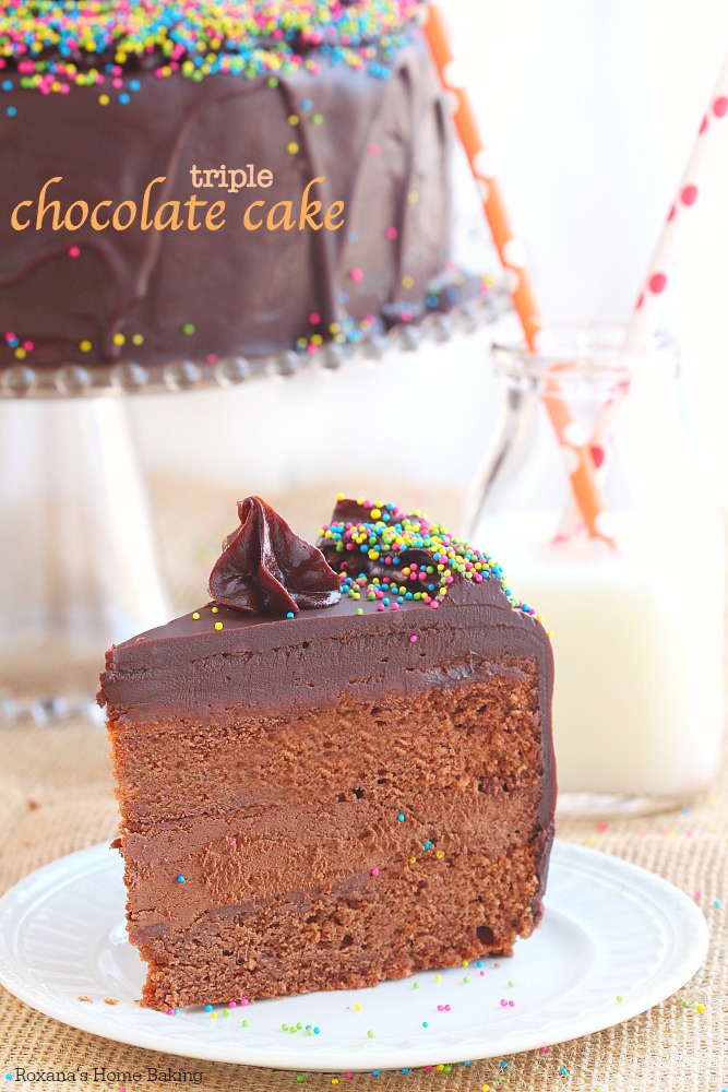 My favorite triple chocolate cake! Two layers of rich and tender chocolate cake filled with incredible smooth chocolate frosting and covered in a generous layer of chocolate ganache! For serious chocoholics!