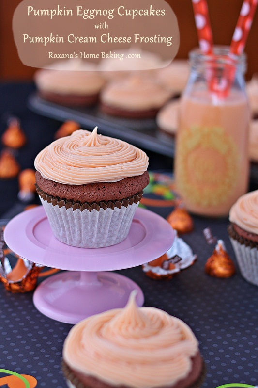 Sweet and flavorful from the eggnog and pumpkin spices, these pumpkin eggnog chocolate cupcakes are topped with a pumpkin flavored cream cheese frosting