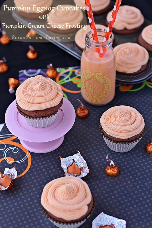 Sweet and flavorful from the eggnog and pumpkin spices, these pumpkin eggnog chocolate cupcakes are topped with a pumpkin flavored cream cheese frosting