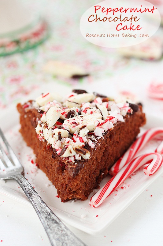 Peppermint Chocolate Cake from Roxanashomebaking.com Light chocolate cake flavored with peppermint Mocha creamer and topped with peppermint bark for a fancy Christmas treat