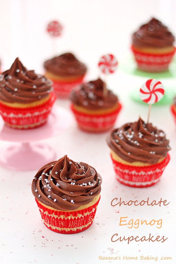 Flavorful eggnog cupcakes topped with velvety chocolate cream cheese frosting    