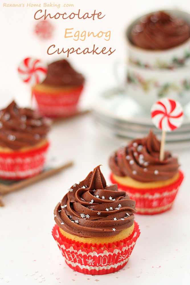 Flavorful eggnog cupcakes topped with velvety chocolate cream cheese frosting    