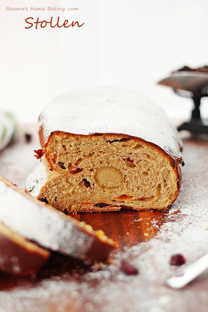 A sweet German yeast bread, stollen is packed with rum soaked fruit and marzipan and dusted with powder sugar for a winter look.