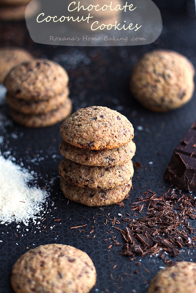 Chocolate coconut cookies from Roxanashomebaking.com A soft cake-like cookie with a rich coconut flavor and chocolate bites. 