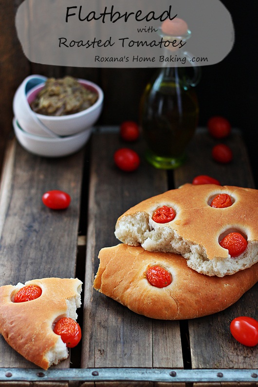 Flatbread with roasted tomatoes. Recipe from Roxanashomebaking.com