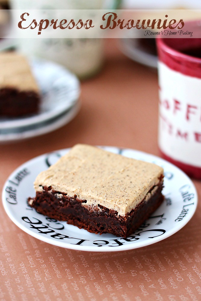 Espresso brownies with espresso frosting from Roxanashomebaking.com Rich, sweet, chocolate brownies with a strong coffee flavor covered with silky smooth espresso frosting 