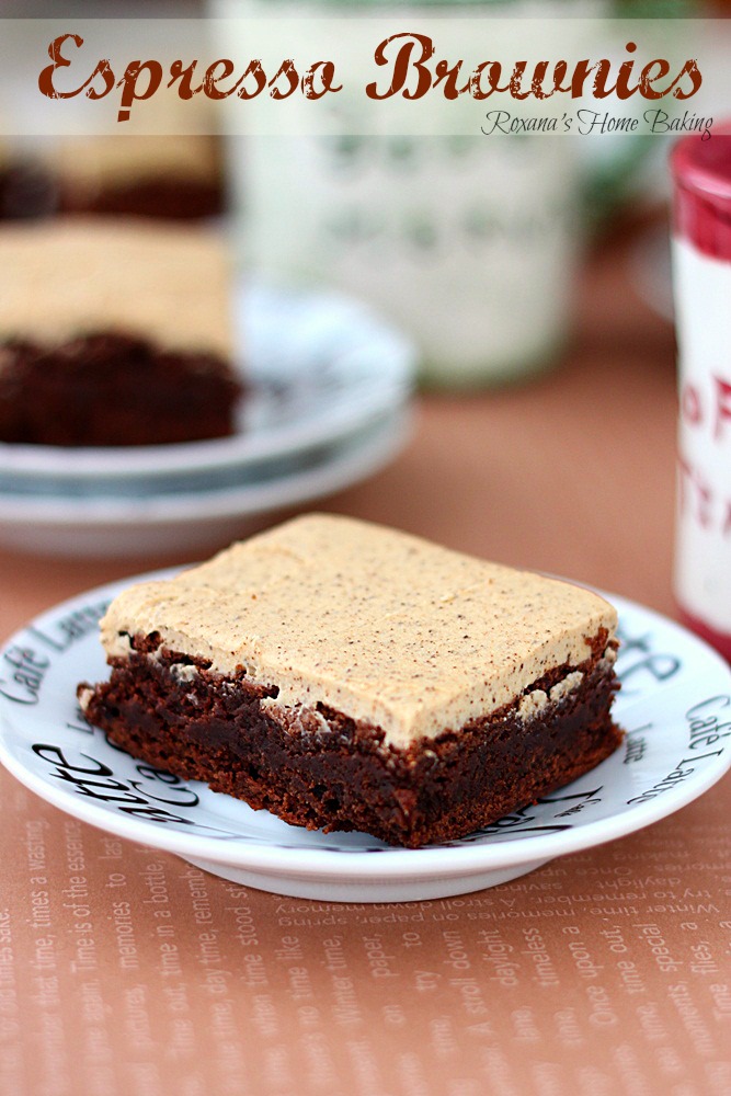 Espresso brownies with espresso frosting from Roxanashomebaking.com Rich, sweet, chocolate brownies with a strong coffee flavor covered with silky smooth espresso frosting 