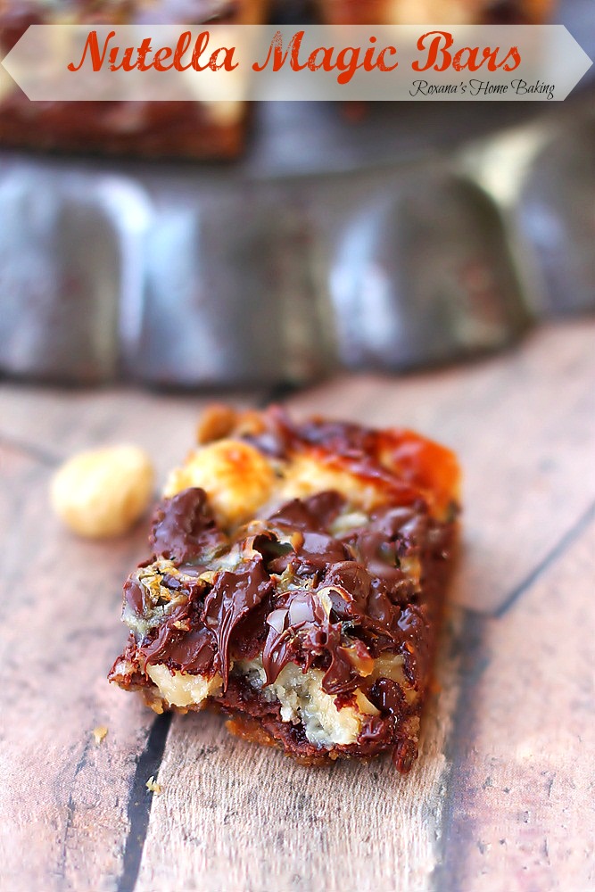 Nutella Magic Bars from Roxanashomebaking.com  Oozing Nutella, melted chocolate, crunchy hazelnuts and a buttery crust in one irresistible bar 