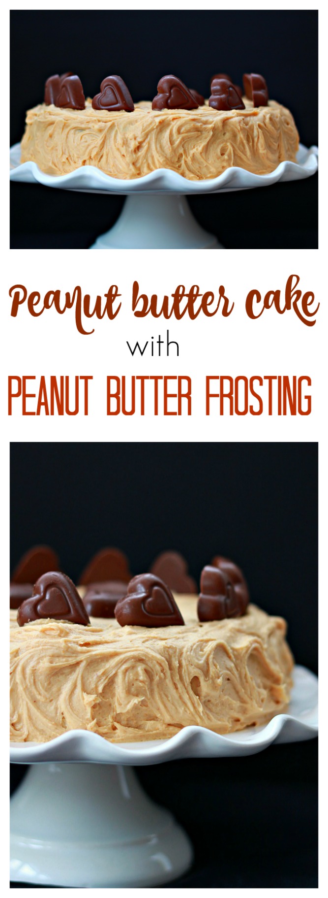 Light peanut butter cake with the best peanut butter frosting and chopped peanut butter cups. Deliciousness in every bite.