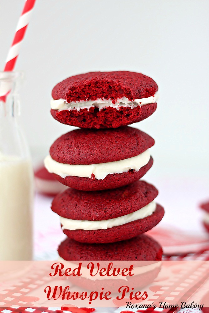 Red velvet whoopie pies with cream cheese frosting