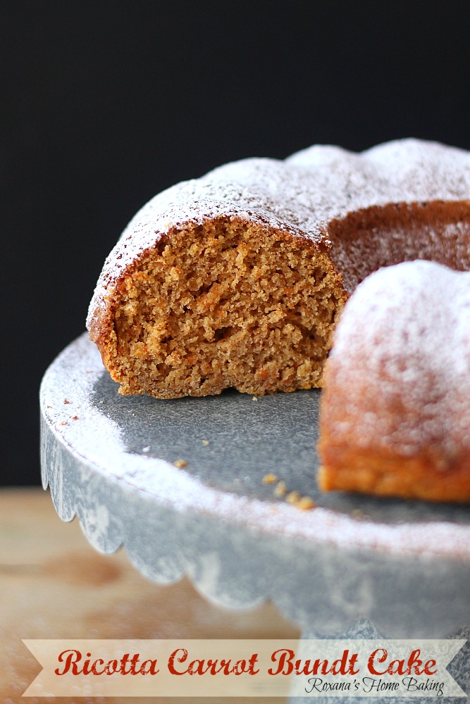 Eggless ricotta carrot cake from Roxanashomebaking.com Moist from the ricotta cheese and shredded carrot with a spicy kick from the cinnamon, nutmeg and ground ginger