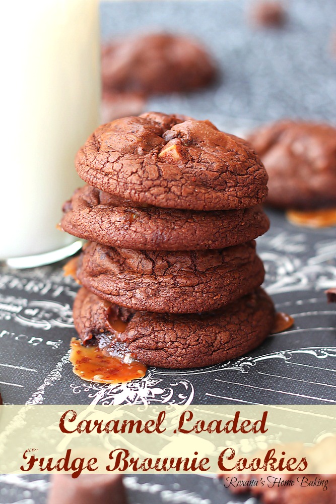 Caramel loaded fudge brownie cookies from Roxanashomebaking.com Rich chocolate-y cookies loaded with chopped mini rolos and gooey caramels