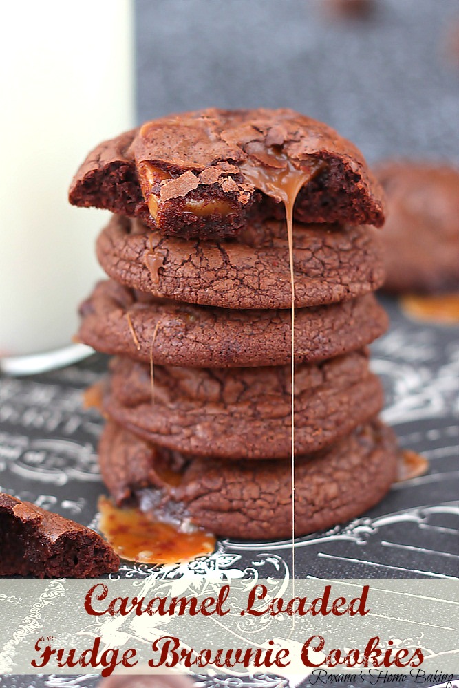 Caramel loaded fudge brownie cookies from Roxanashomebaking.com Rich chocolate-y cookies loaded with chopped mini rolos and gooey caramels