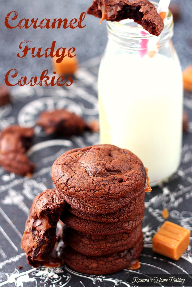 Caramel loaded fudge brownie cookies from Roxanashomebaking.com Rich chocolate-y cookies loaded with chopped mini rolos and gooey caramels