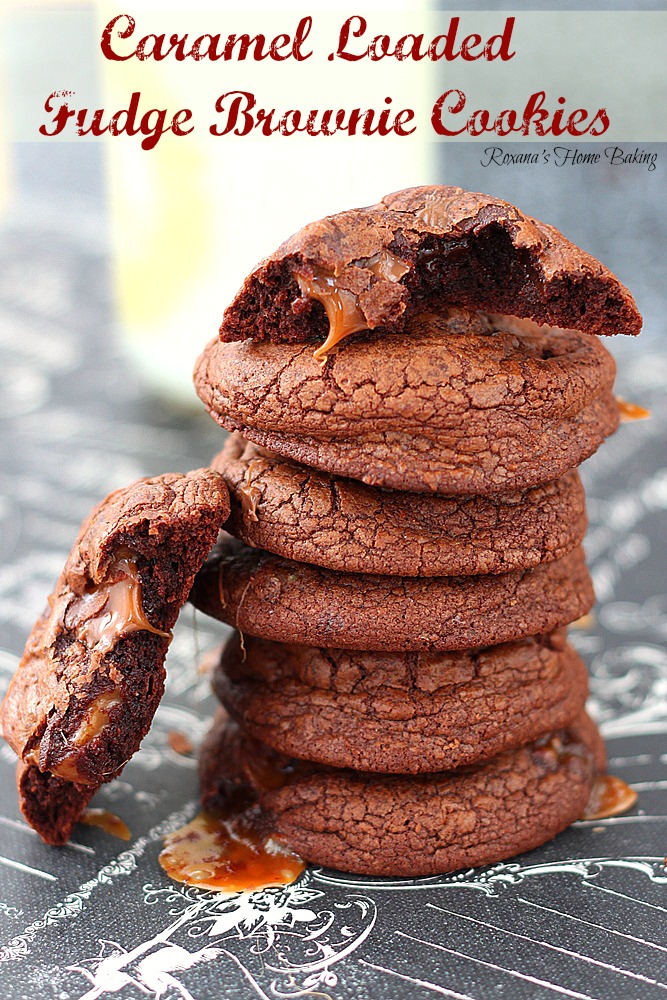 Caramel loaded fudge brownie cookies from Roxanashomebaking.com Rich chocolate-y cookies loaded with chopped mini rolos and gooey caramels