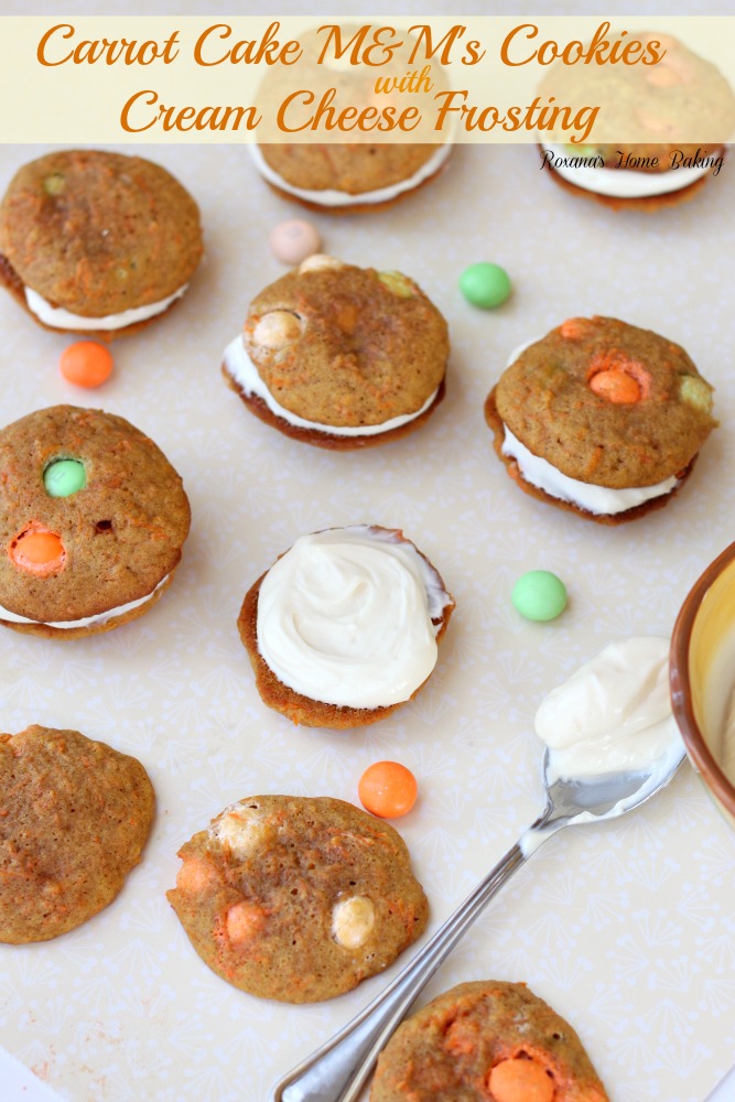 Carrot cake cookies with cream cheese frosting from Roxanashomebaking.com Just like a cake but in a soft, sweet cookie with a touch of spices and packed with grated carrots 