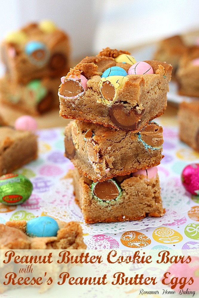 Peanut butter cookie bars with Reese’s peanut butter eggs from Roxanashomebaking.com Just like a melt-in-you-mouth peanut butter cookie with an extra peanut butter touch