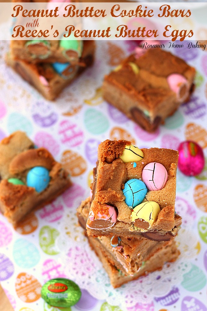 Peanut butter cookie bars with Reese’s peanut butter eggs from Roxanashomebaking.com Just like a melt-in-you-mouth peanut butter cookie with an extra peanut butter touch