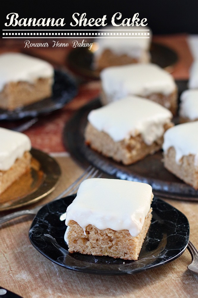 Banana sheet cake with cream cheese frosting from Roxanashomebaking.com Moist and sweet from the mashed bananas with a little tangyness from the cream cheese frosting