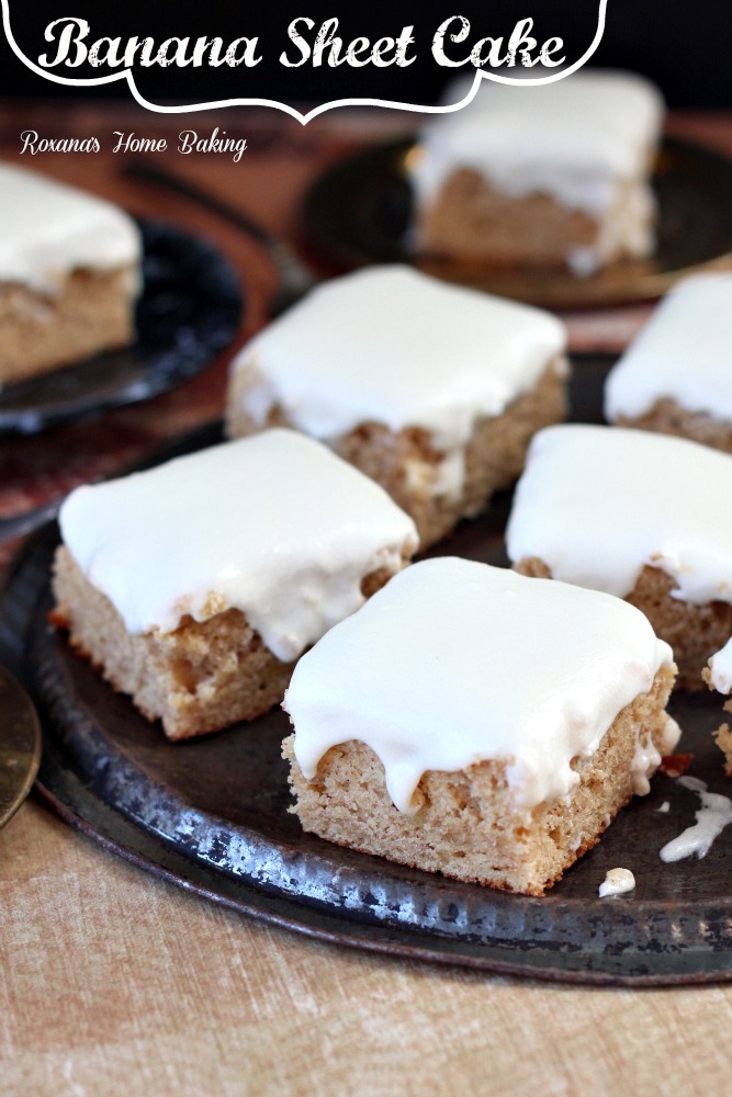 Banana sheet cake with cream cheese frosting from Roxanashomebaking.com Moist and sweet from the mashed bananas with a little tangyness from the cream cheese frosting