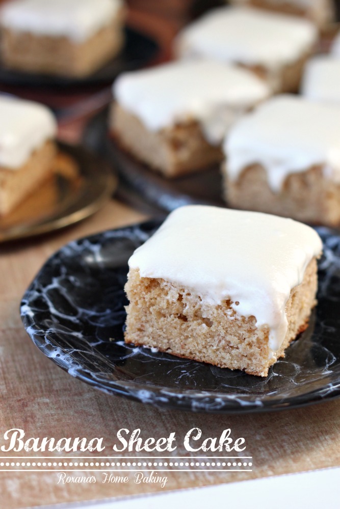 Banana sheet cake with cream cheese frosting from Roxanashomebaking.com Moist and sweet from the mashed bananas with a little tangyness from the cream cheese frosting