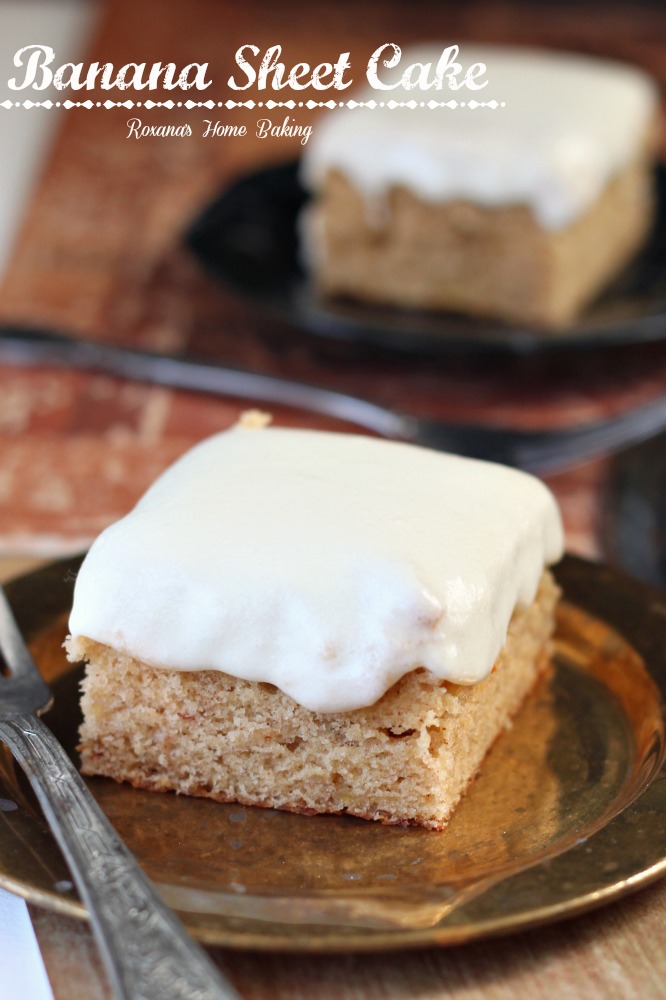 Banana sheet cake with cream cheese frosting from Roxanashomebaking.com Moist and sweet from the mashed bananas with a little tangyness from the cream cheese frosting