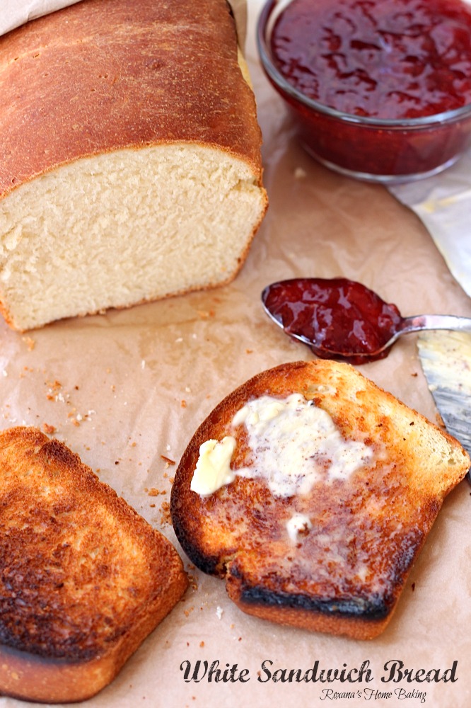 White sandwich bread from Roxanashomebaking.com Soft and fluffy, with a yellowish crumb and a chewy crust, this bread it perfect for Pb&J or any deli sandwiches and even for making French toast.