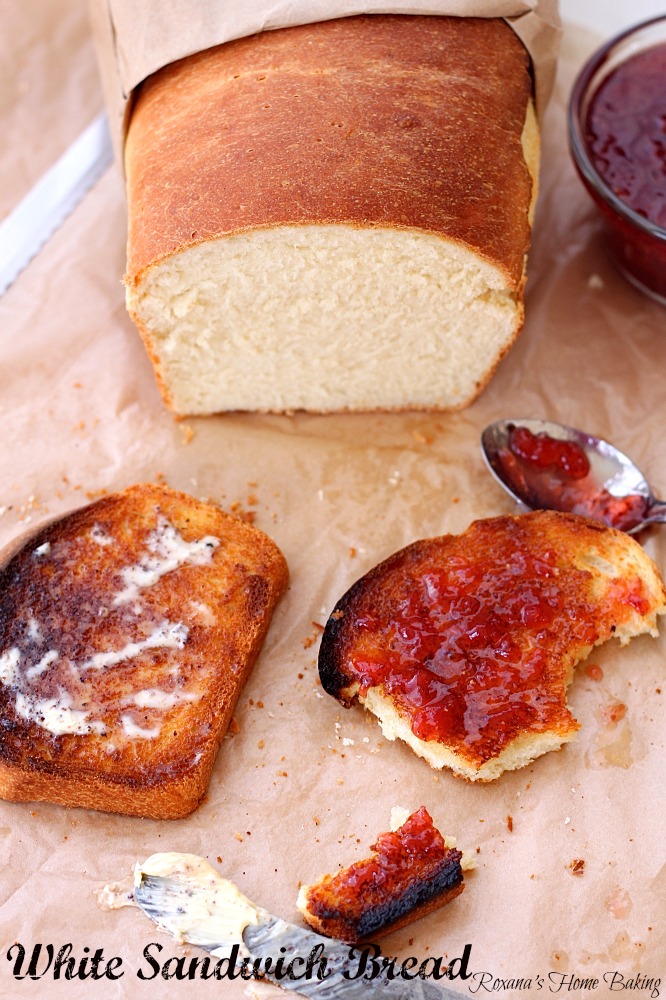 White sandwich bread from Roxanashomebaking.com Soft and fluffy, with a yellowish crumb and a chewy crust, this bread it perfect for Pb&J or any deli sandwiches and even for making French toast.