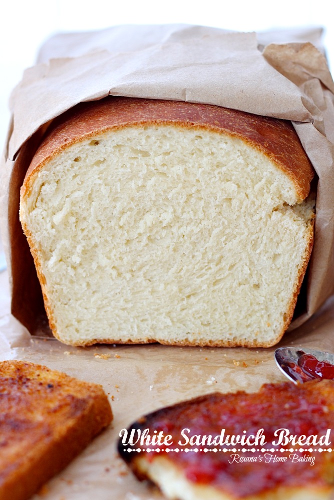 White sandwich bread from Roxanashomebaking.com Soft and fluffy, with a yellowish crumb and a chewy crust, this bread it perfect for Pb&J or any deli sandwiches and even for making French toast.