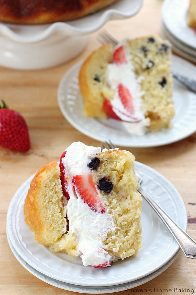 Baba au Rhum from Roxanashomebaking.com A bundt no knead rich yeast coffee cake with dried fruit, soaked in rum syrup and filled with whipped cream and fresh strawberries