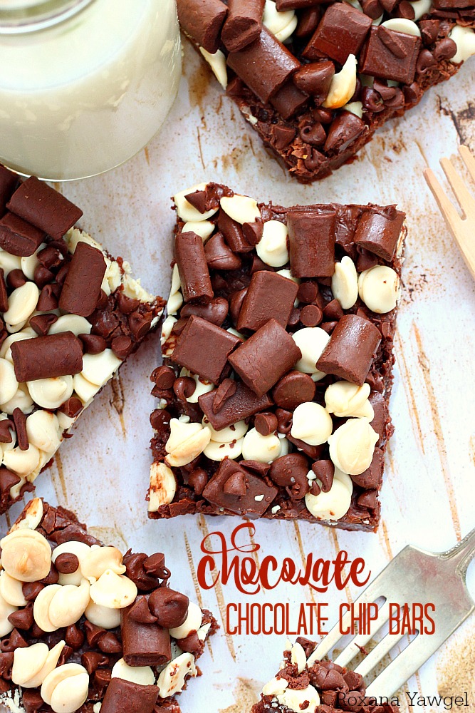 Chocolate cookie base, fudge and 2 cups of chocolate chips - these over the top chocolate chip bars are a chocolate lover dream come true!