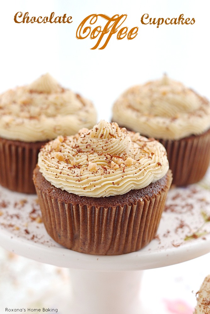 Chocolate coffee cupcakes made with cold brewed coffee and frosted with coffee flavored buttercream. Recipe from Roxanashomebaking.com