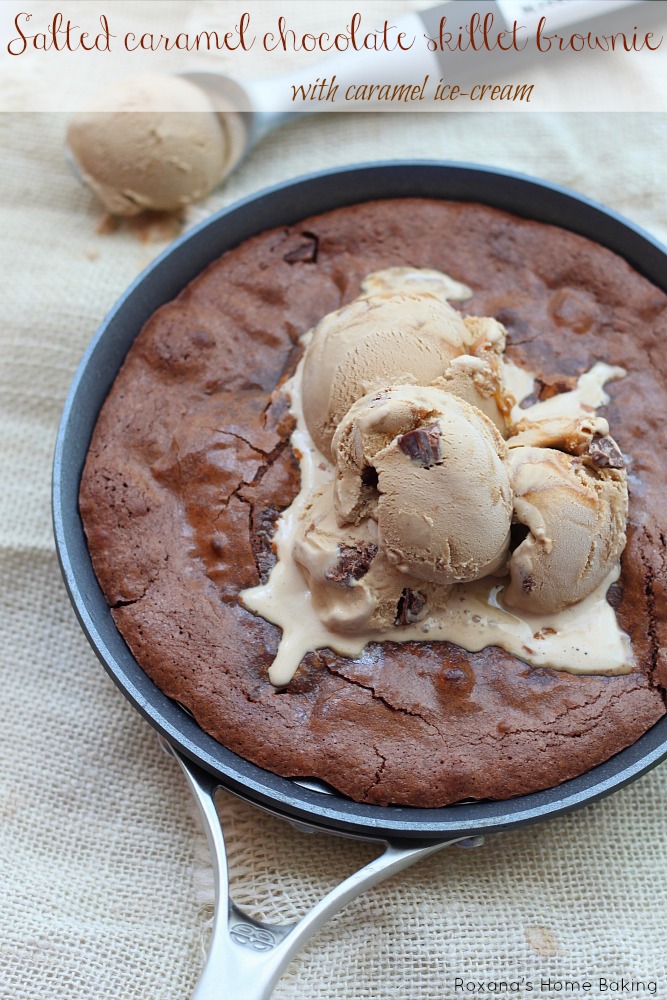 Rich, fudgy chocolate brownie mixed with gooey caramel cheese and served with caramel ice-cream from Roxanashomebaking.com This is the ultimate salted caramel chocolate skillet brownie