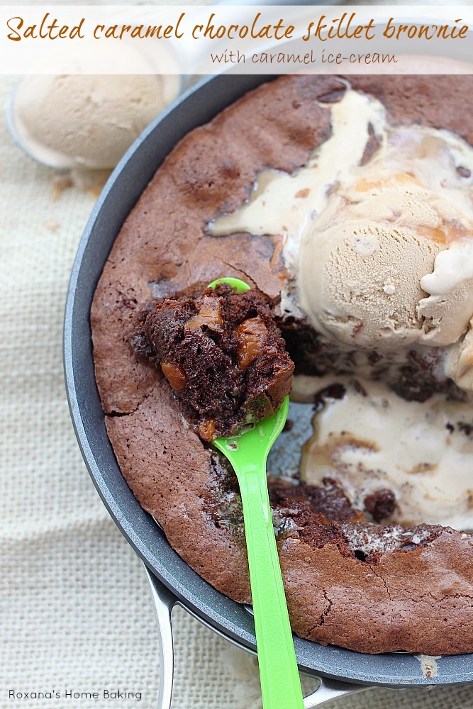 Rich, fudgy chocolate brownie mixed with gooey caramel cheese and served with caramel ice-cream from Roxanashomebaking.com This is the ultimate salted caramel chocolate skillet brownie