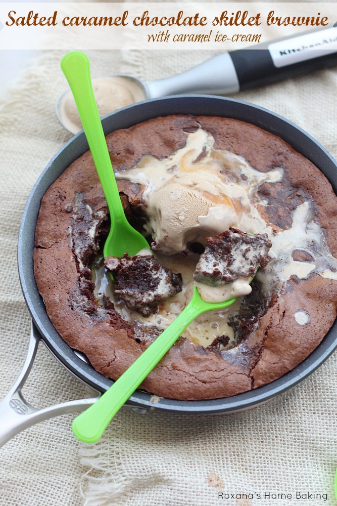 Rich, fudgy chocolate brownie mixed with gooey caramel cheese and served with caramel ice-cream from Roxanashomebaking.com This is the ultimate salted caramel chocolate skillet brownie