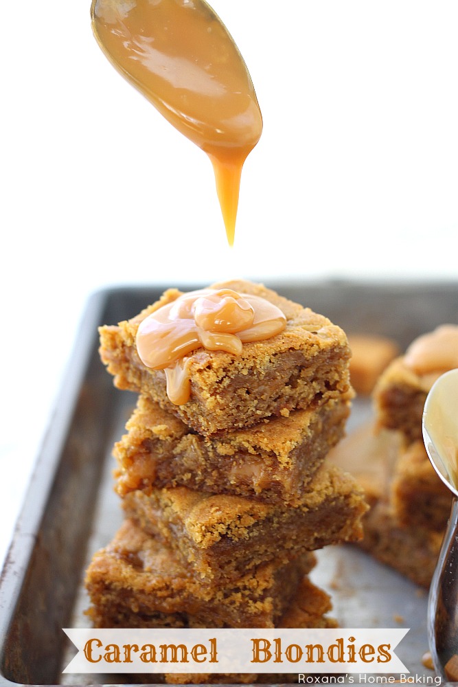 Salty and sweet, soft and chewy these easy to make salted caramel blondies from Roxanashomebaking.com are oozing with sticky caramel goodness. The perfect treat for any caramel lover!