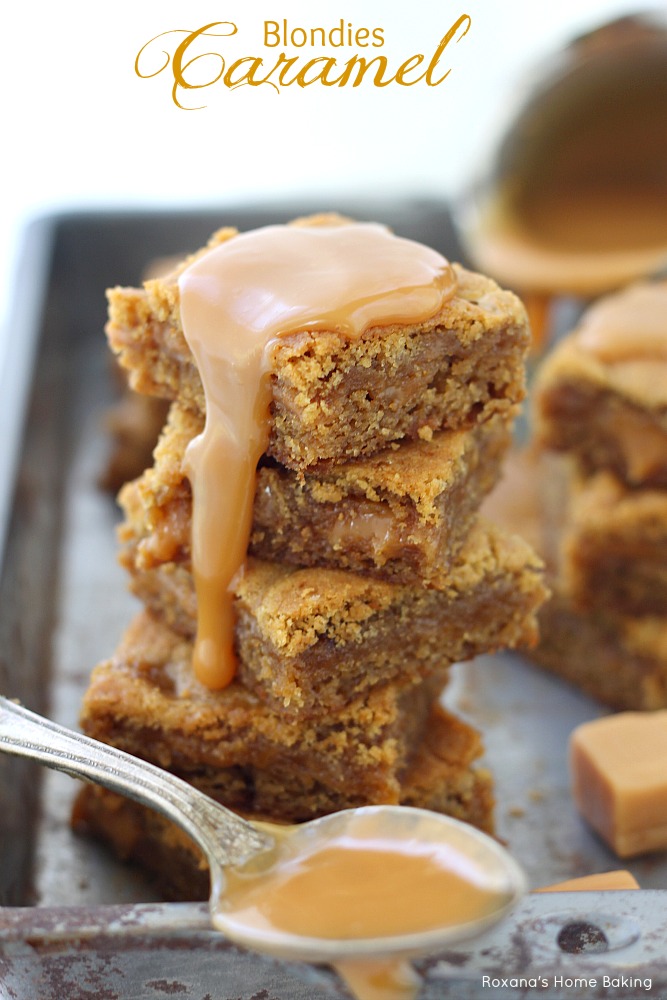 Salty and sweet, soft and chewy these easy to make salted caramel blondies from Roxanashomebaking.com are oozing with sticky caramel goodness. The perfect treat for any caramel lover!