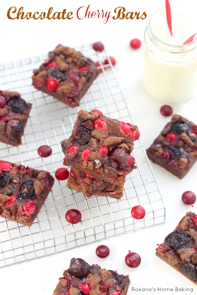 Chocolate cookie base, rich chocolate fudge, cherries and cherry flavored M&M's - all in one irresistible bar!  Recipe from Roxanashomebaking.com