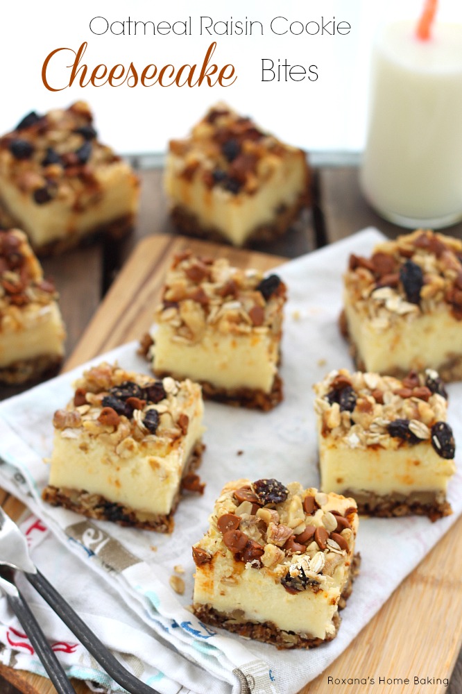 Oatmeal raisin cookie cheesecake bites recipe from Roxanashomebaking.com Oatmeal raisin cookie dough pressed evenly on the bottom of the pan as a crust for the creamy, rich cheesecake and crumbled topping