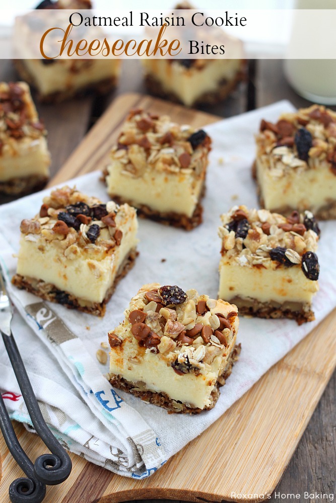 Oatmeal raisin cookie cheesecake bites recipe from Roxanashomebaking.com Oatmeal raisin cookie dough pressed evenly on the bottom of the pan as a crust for the creamy, rich cheesecake and crumbled topping