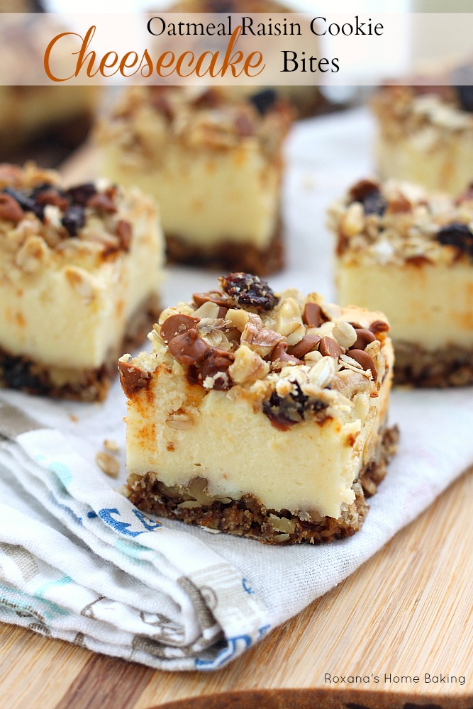 Oatmeal raisin cookie cheesecake bites recipe from Roxanashomebaking.com Oatmeal raisin cookie dough pressed evenly on the bottom of the pan as a crust for the creamy, rich cheesecake and crumbled topping