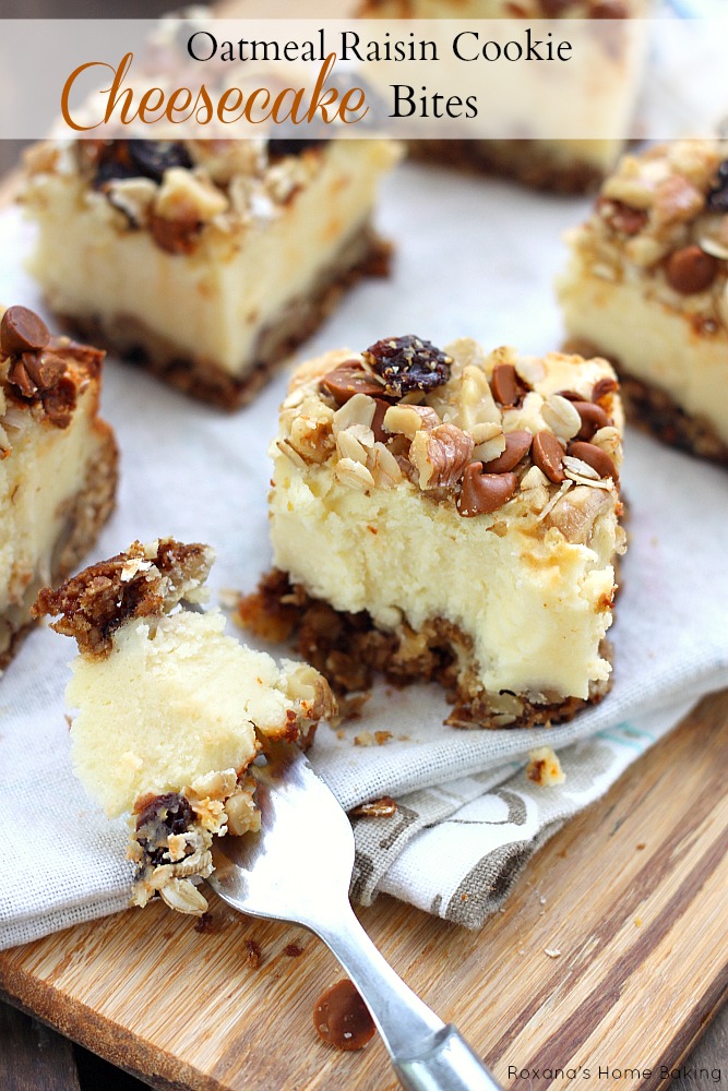 Oatmeal raisin cookie cheesecake bites recipe from Roxanashomebaking.com Oatmeal raisin cookie dough pressed evenly on the bottom of the pan as a crust for the creamy, rich cheesecake and crumbled topping