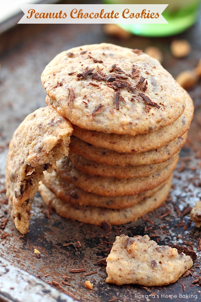 Peanut chocolate cookies - Crisp and chewy cookies loaded with grated chocolate and chopped peanuts.