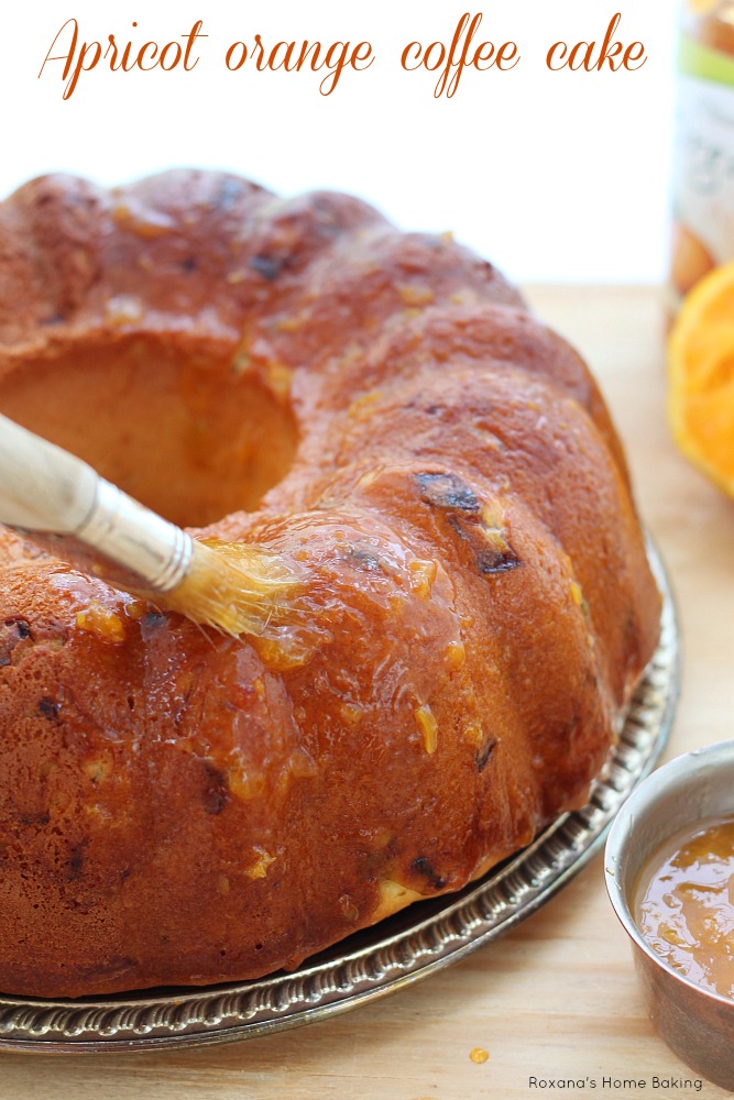 Apricot orange coffee cake - A cross between a bread and cake packed with chopped dried apricots and brushed with an orange apricot preserve. Recipe from Roxanashomebaking.com