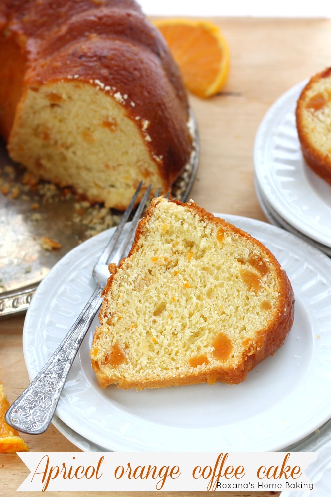 Apricot orange coffee cake - A cross between a bread and cake packed with chopped dried apricots and brushed with an orange apricot preserve. Recipe from Roxanashomebaking.com