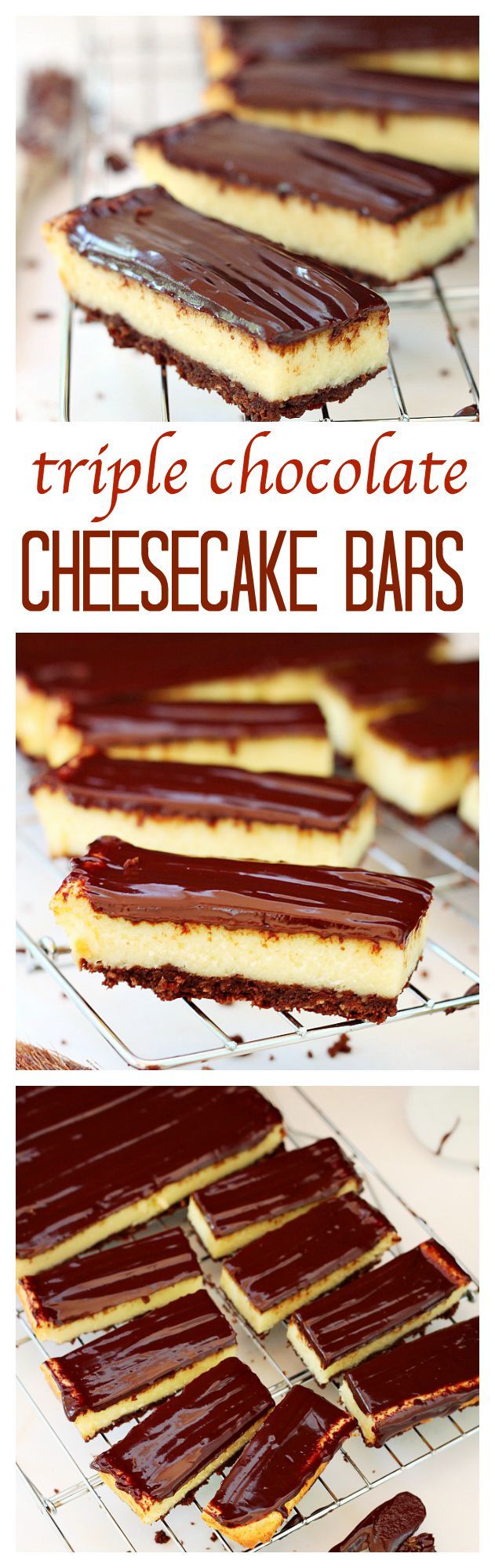 Classic chocolate cheesecake bars are taken to a whole new level. Creamy white chocolate cheesecake is sandwiched between a chocolate chip oreo crust and silky smooth chocolate ganache. It’s a triple chocolate deliciousness!