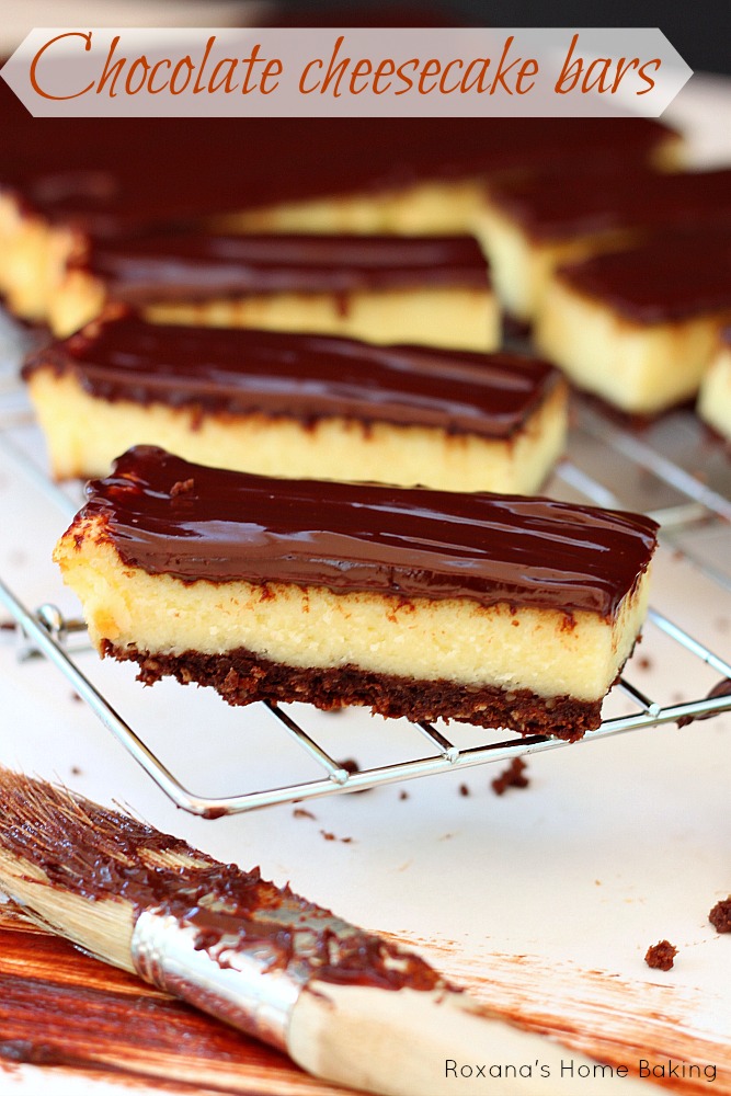 Classic chocolate cheesecake bars are taken to a whole new level on Roxanashomebaking.com Creamy white chocolate cheesecake is sandwiched between a chocolate chip oreo crust and silky smooth chocolate ganache. It's a triple chocolate deliciousness!