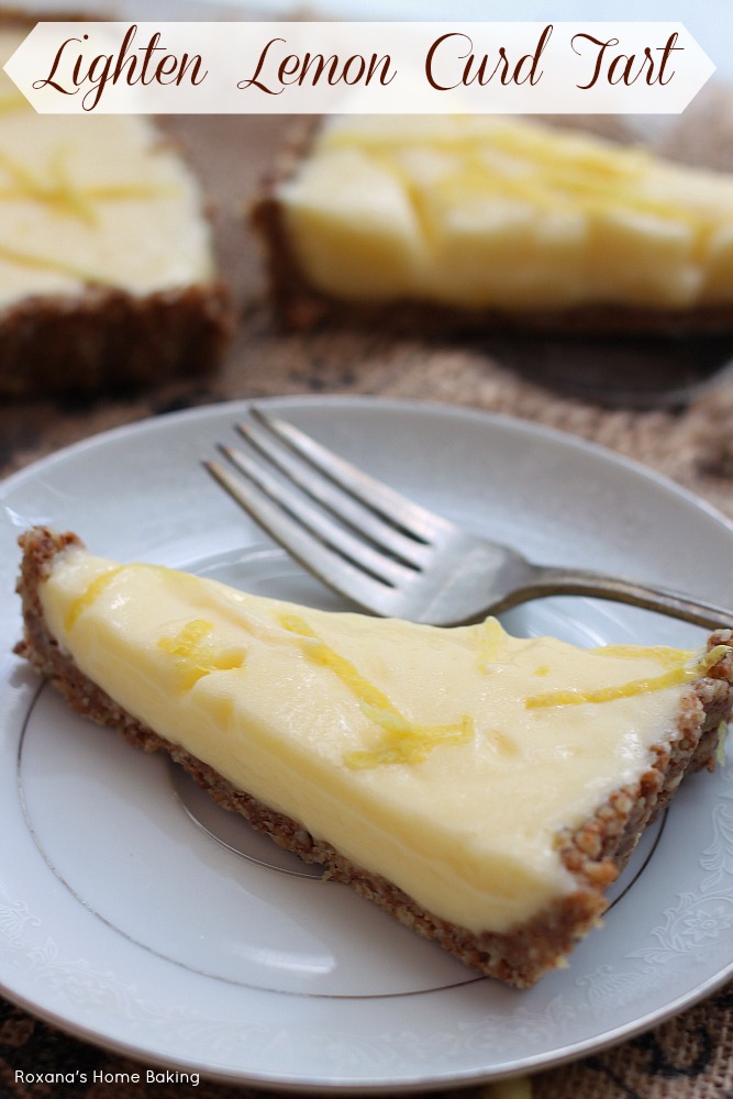 Tangy lemon juice and zest pair perfectly with the nutty crust in this creamy lemon curd tart, made lighter with the addition of a secret ingredient. Recipe from Roxanashomebaking.com