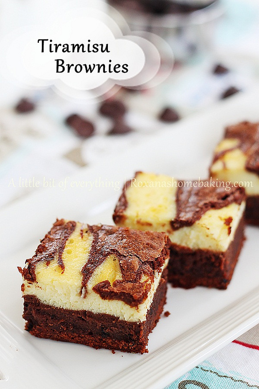 Tiramisu brownies from Roxanashomebaking.com  Rich fudgy chocolate brownie swirled with light creamy mascarpone filling