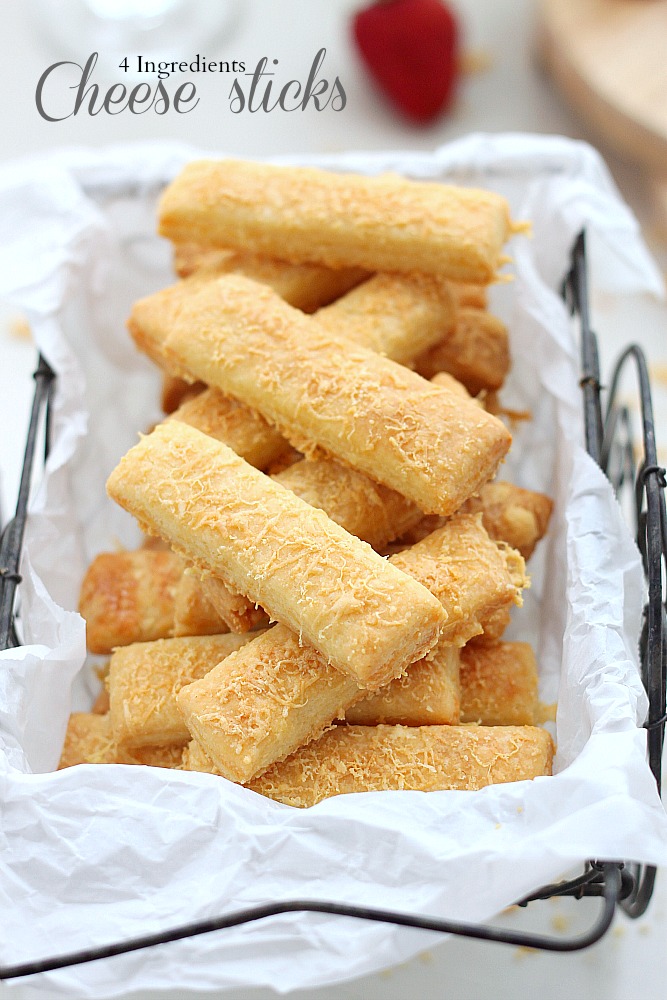 4 simple ingredients to have your own flaky, buttery, lightly crunchy cheese sticks. Recipe from Roxanashomebaking.com